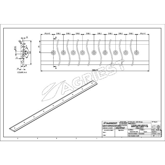 Contre Lame 152X19 LG 2384 500HB 9 TRS pour VIS TFØ14 EA 278,1 référence fournisseur 451192